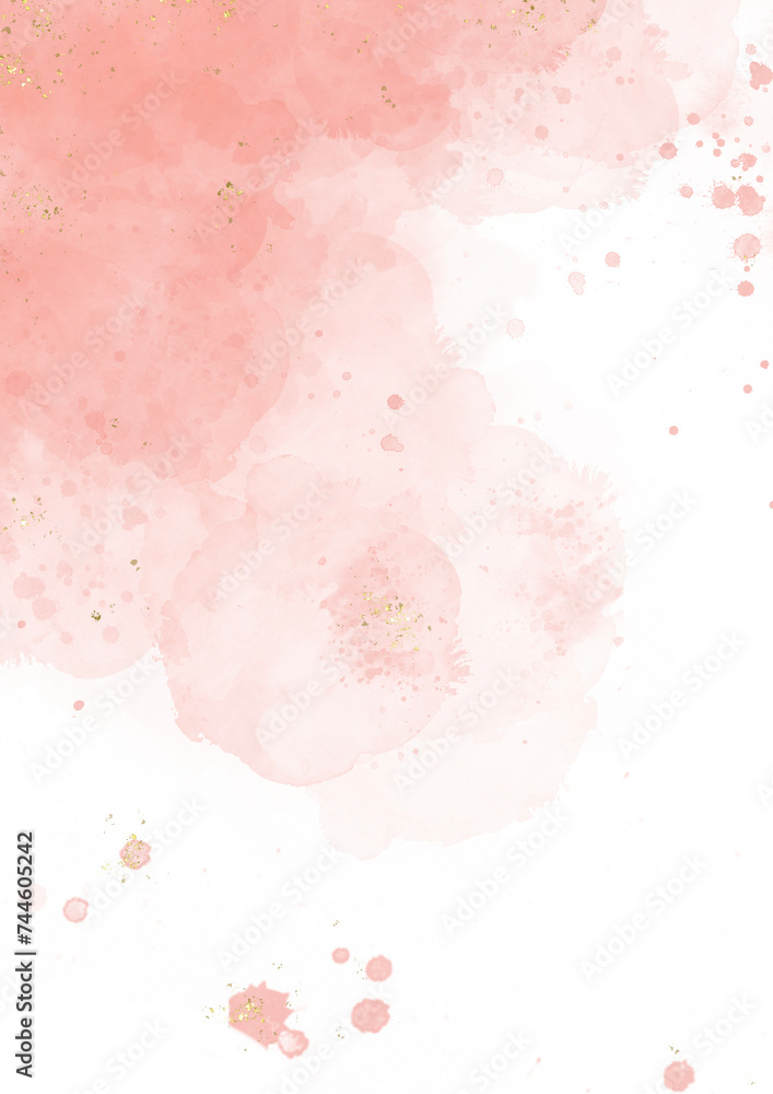 Abstract pink watercolor background for design.watercolor background with golden lines, dots and stains. Hand drawn illustration for Valentines Day or card templates for greetings or invitations.