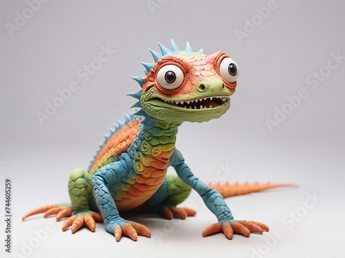 A funny smiling surprised lizard made of clay or plasticine sits on a white background. © Tetiana
