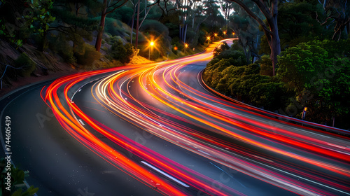 Twilight Traffic Trails on Winding Forest Road