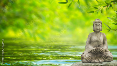 buddha statue on a rock in a soft water wave meditating in an idyllic green bamboo garden, spa background with asina spirit and copy space