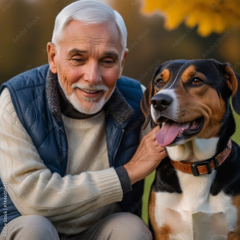 Old man poses with his Beagle dog in the garden and hugs him affectionately Old man poses with his Beagle dog in the garden and hugs him affectionately