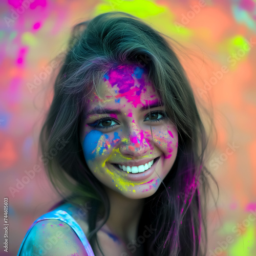 portrait of a young girl smiling covered in vibrant and colorful holi color powders hindu festival celebration
