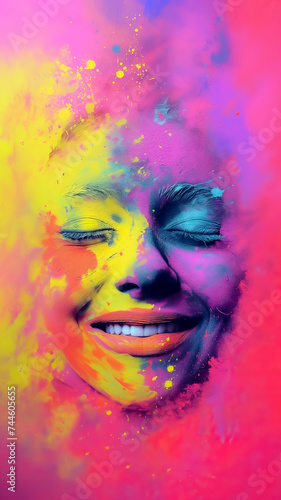 women face covered and submerged in colorful vibrant holi color powders and splatter