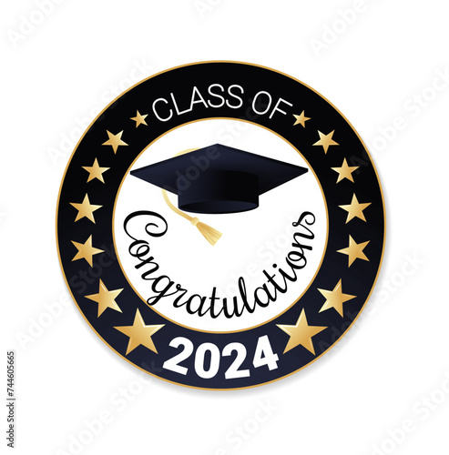 Class of 2024. Congratulations graduates logo design. Graduation design template for badge, banner, sticker, invitation, ceremony etc. Flat style vector illustration