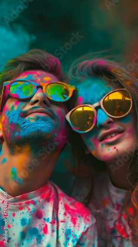 young couple covered in colorful holi powders celebrating hindu traditional festival