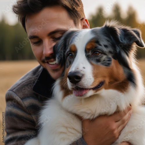 Young man poses with his Australian Shepherd dog in the garden and hugs him affectionately