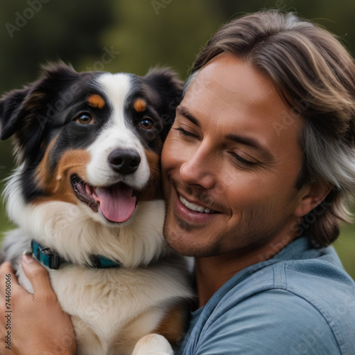 Young man poses with his Australian Shepherd dog in the garden and hugs him affectionately