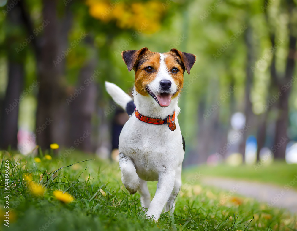 Spirited Jack Russell Terrier enjoys a playful day in a sun-kissed park.