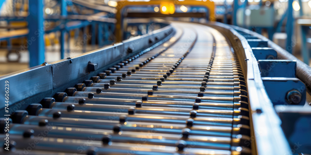 Fototapeta premium Empty Conveyor Belt in Factory. Focused view of an empty conveyor belt curving through a manufacturing plant, copy space.