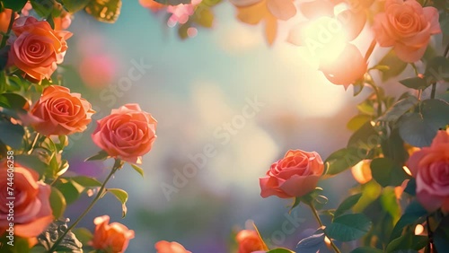 Pink rose flowers on a edge beautiful rose bush in flowers garden at the morning with clear blue sky background in summertime frame 4k video