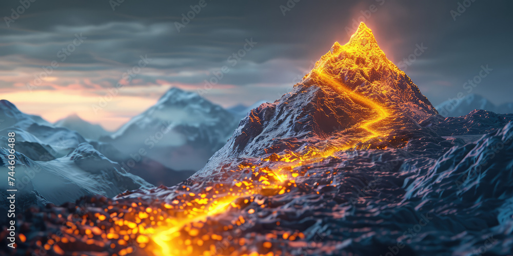 Fiery Path on Mountain Slope. Mountain peak illuminated by a trail, copy space. Creative concept of the right road to success.