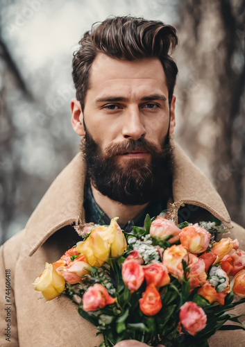 man with flowers in his hands, congratulations on the holiday, March 8, Women's Day
