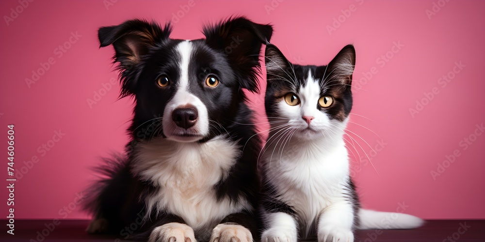 Furry friends posing side by side against vibrant pink background for photo. Concept Pet Photography, Vibrant Backdrops, Animal Portraits, Colorful Props Furry friends posing side by side against vibrant pink background for photo. Concept Pet Photography, Vibrant Backdrops, Animal Portraits, Colorful Props