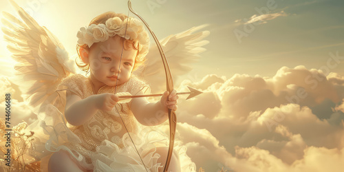 Little Cupid Aiming with Bow and Arrow in the sky. Close-up of an adorable child dressed as cupid aiming an arrow, Valentines day banner.