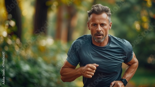 Portrait of a senior man in fitness wear running in a park. Close up of a smiling man running, Man jogging in park