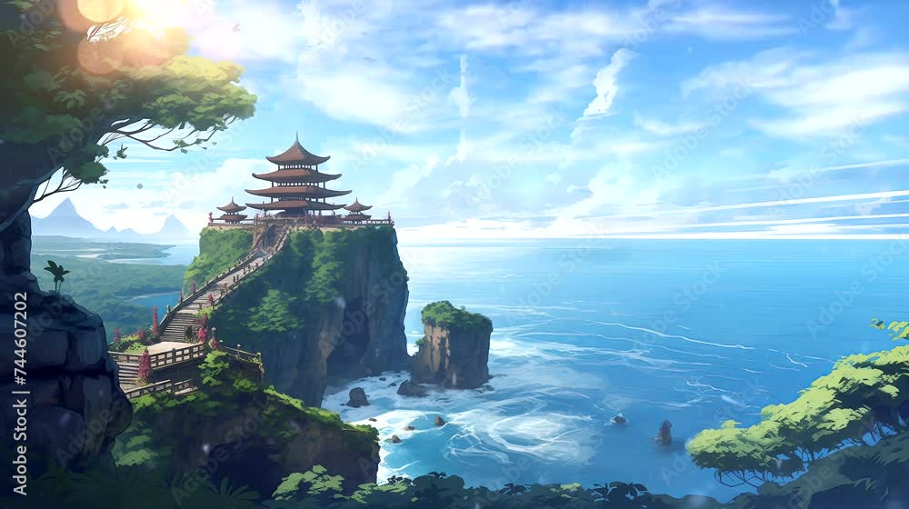 A mystical temple atop a cliff, offering panoramic views of the ocean. Fantasy landscape anime or cartoon style, seamless looping 4k time-lapse virtual video animation background A mystical temple atop a cliff, offering panoramic views of the ocean. Fantasy landscape anime or cartoon style, seamless looping 4k time-lapse virtual video animation background