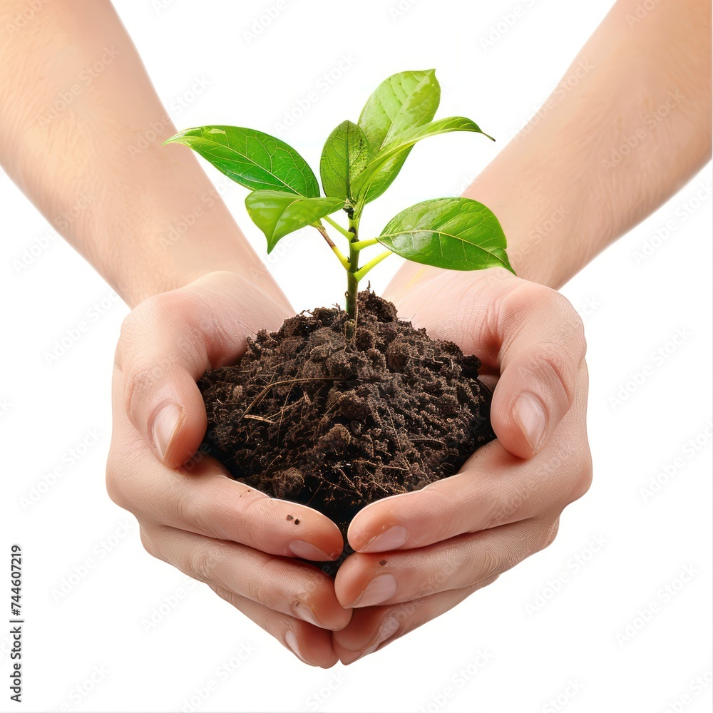 A pair of hands holds some soil with a small sprout. Isolated background A pair of hands holds some soil with a small sprout. Isolated background