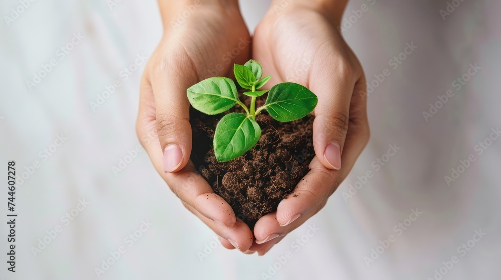 A pair of hands holds some soil with a small sprout. Isolated background A pair of hands holds some soil with a small sprout. Isolated background