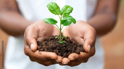 A pair of hands holds some soil with a small sprout. Isolated background © Daniil
