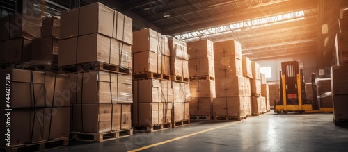 Stacking package boxes on pallets in an industrial storage warehouse for the delivery and shipment of goods in the manufacturing plant's shipping logistics and transport operations.