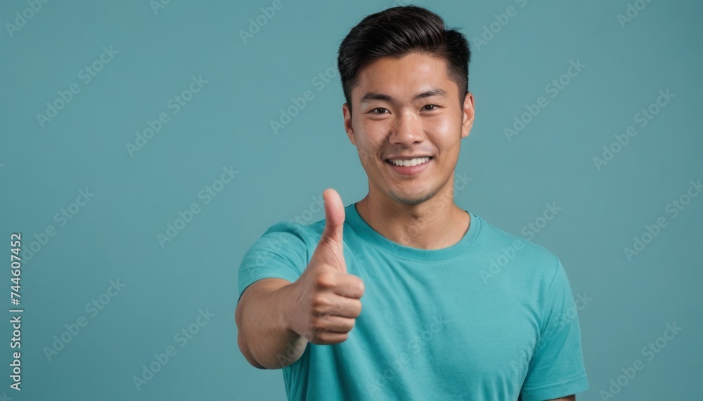 A man in a teal t-shirt giving a thumbs up, his confident smile shows a casual and positive attitude. A man in a teal t-shirt giving a thumbs up, his confident smile shows a casual and positive attitude.