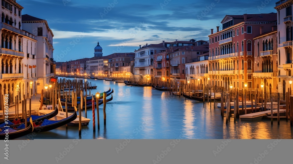 Panoramic view of Grand Canal in Venice at night, Italy