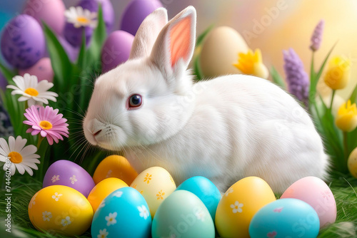 Colorful eggs and cute white Easter bunny with spring flowers. © EL_design