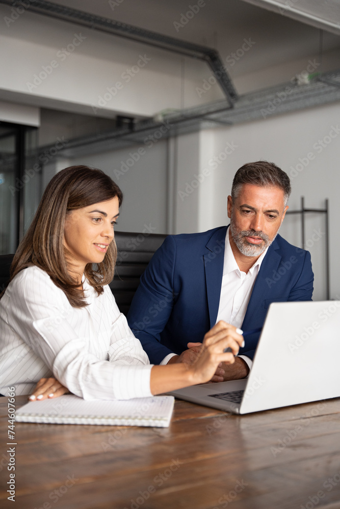 © Stock 4 You - Team of diverse partners sitting at table mature Latin business man and European business woman discussing project on laptop in office. Two colleagues of professional business people working, vertical