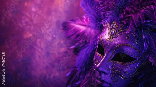 Background on the theme of the Mardi Gras holiday. Purple color palette Feathers Masks