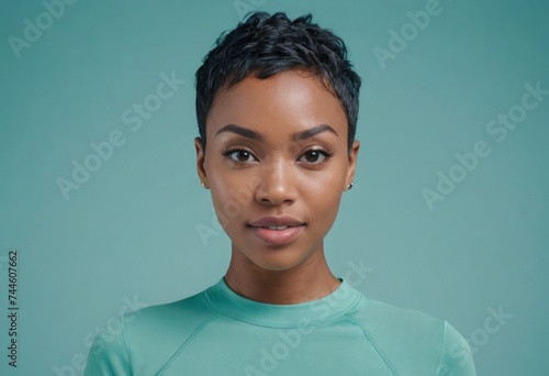 A serene woman with a stylish short haircut stands in a simple teal top, her calm expression conveying a sense of peace and modern style.