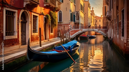 Panoramic view of a canal with gondolas in Venice, Italy