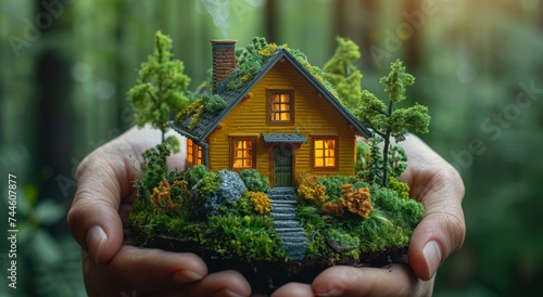 A solitary figure cradles a tiny wooden home, nestled among the lush foliage of a vibrant forest, a symbol of both protection and growth