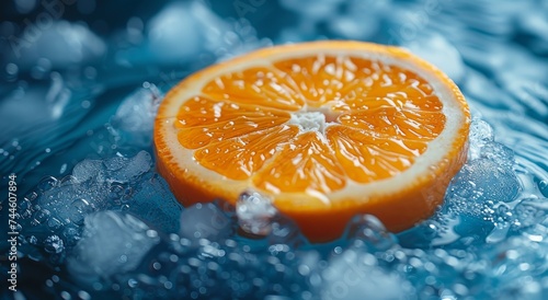 A refreshing slice of various citrus fruits, including bitter oranges, tangerines, and grapefruits, suspended in a frozen block of ice, evoking the tangy and invigorating flavors of natural foods photo