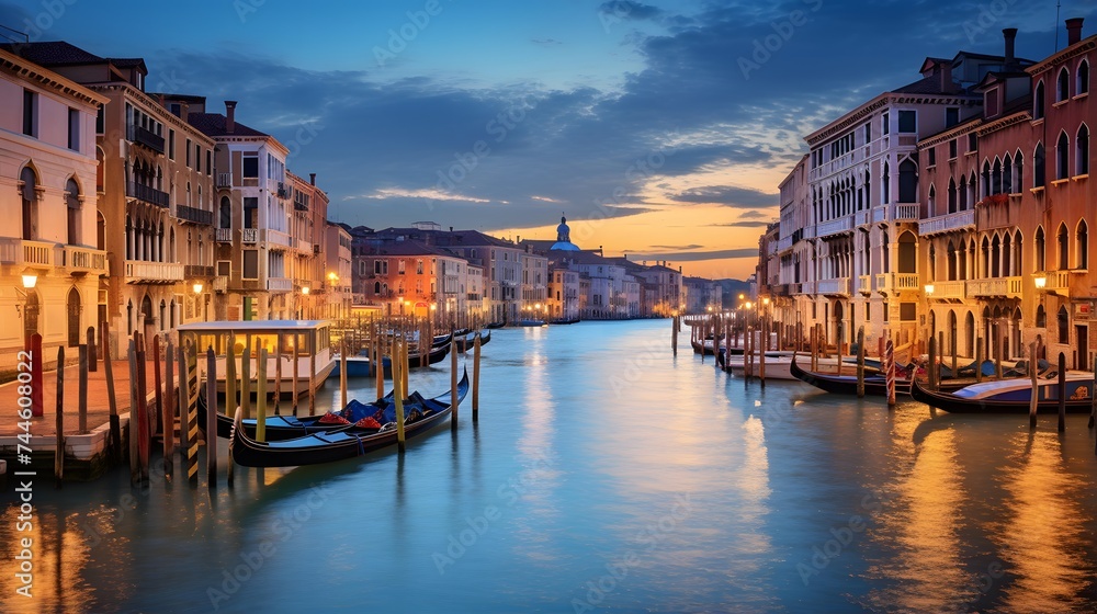 Grand Canal at sunset in Venice, Italy. Panoramic view