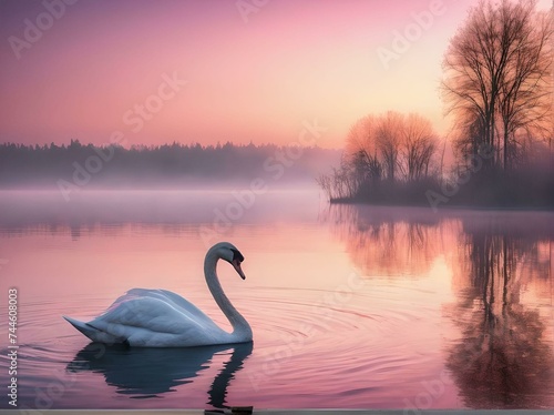 A misty morning  a big lake  one swan  ultra-realistic  beautiful  elegant  pink sunrise