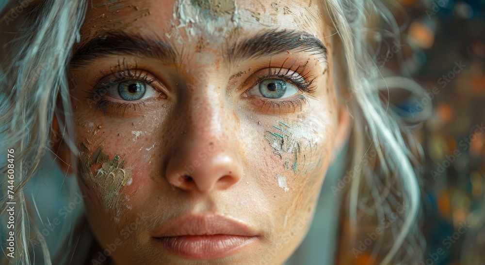 A striking portrait of a woman with mesmerizing blue and green eyes, her delicate features highlighted by long lashes and perfectly arched brows, showcasing the beauty and complexity of the human fac A striking portrait of a woman with mesmerizing blue and green eyes, her delicate features highlighted by long lashes and perfectly arched brows, showcasing the beauty and complexity of the human fac