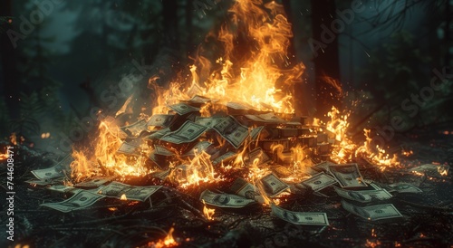 Amidst the warmth and glow of the saint john's bonfires, a pile of money sits untouched, a symbol of wealth and abundance surrounded by the natural elements of fire and ash photo
