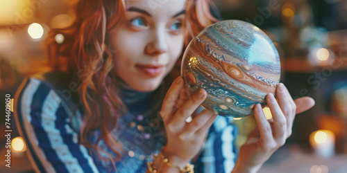Mystic Astrologer with a Celestial Sphere. Portrait of a young pretty woman holding a planet sphere, symbolizing astrology and mysticism.