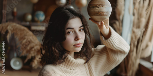 Mystic Astrologer with a Celestial Sphere. Portrait of a young pretty woman holding a planet sphere, symbolizing astrology and mysticism.