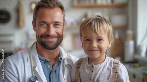  Doctor : Happy infant kid assessment in clinic; hospital and medical analysis. An image featuring a doctor and child; along with a doctor and baby.