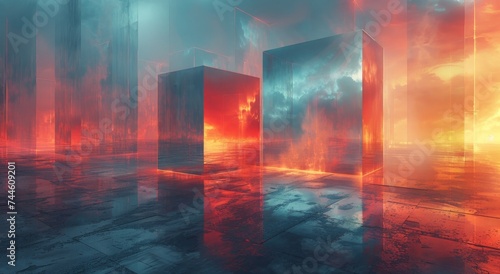 A fiery display of artistic brilliance, as red and blue smoke intertwine around a cluster of rectangular cubes emitting a warm amber glow