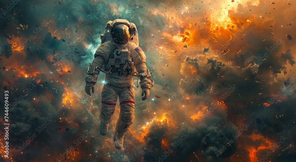 A lone astronaut faces danger and destruction as fire and smoke engulf their spaceship in the vast emptiness of space - obrazy, fototapety, plakaty 