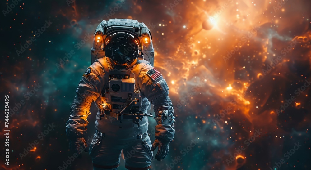 An astronaut floats weightlessly in the vast expanse of space, their bright orange pressure suit contrasting against the deep blue backdrop of the universe