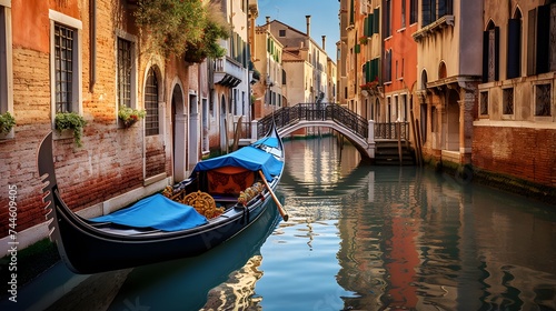Panoramic view of canal with gondola in Venice  Italy