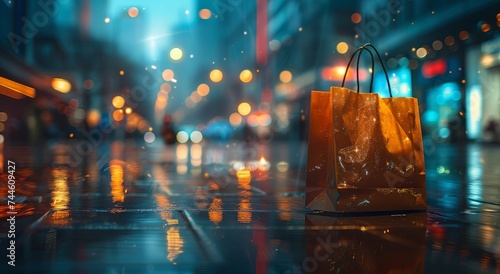 A lone bag sits on the wet city sidewalk, its amber hues reflecting the rain-soaked street in the dimly lit night