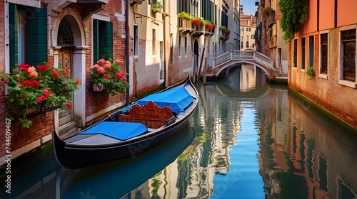 Panoramic view of the canal with gondolas in Venice, Italy