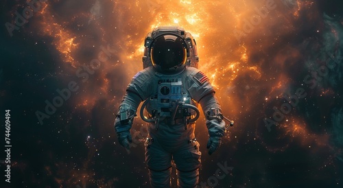 An astronaut battles the intense heat of a raging fire in the vast expanse of space, while their digital compositing skills and pressure suit are put to the ultimate test in this thrilling action-adv © Larisa AI