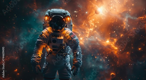 An astronaut floats weightlessly in the vast expanse of space, their bright orange pressure suit contrasting against the deep blue backdrop of the universe