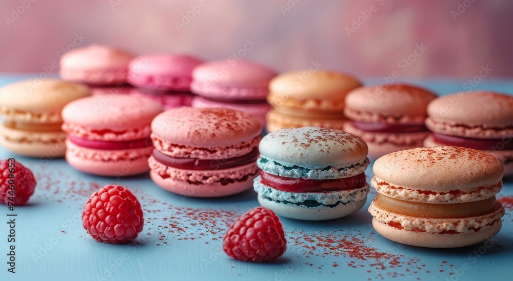 A delightful array of vibrant macaroons adorned with raspberries, tempting with their sugary sweetness and inviting us to indulge in a colorful world of baked goods and confectionery A delightful array of vibrant macaroons adorned with raspberries, tempting with their sugary sweetness and inviting us to indulge in a colorful world of baked goods and confectionery