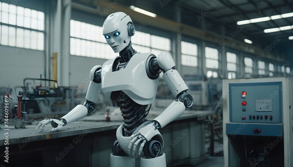humanoid robot working with a machine in a factory humanoid robot working with a machine in a factory